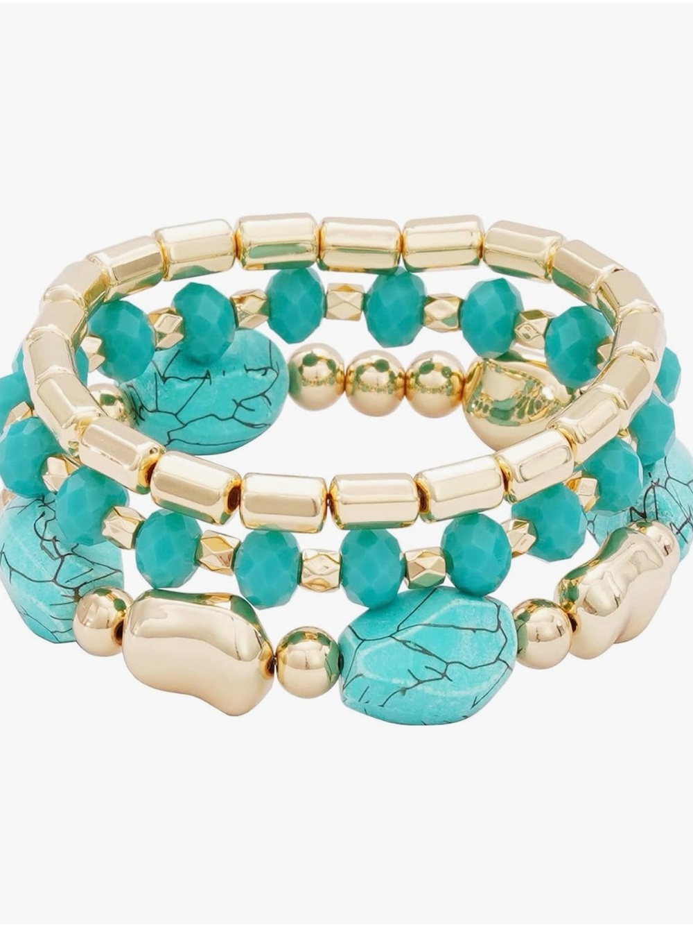 Turquoise Beaded Stretch Bracelet Set - Gold Accents